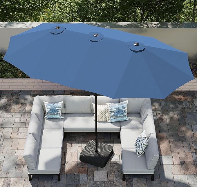 PHI VILLA 15ft Large Patio Umbrellas with Base, Outdoor Double-Sided Rectangle Market Umbrella for Pool Lawn Garden, Haze Blue