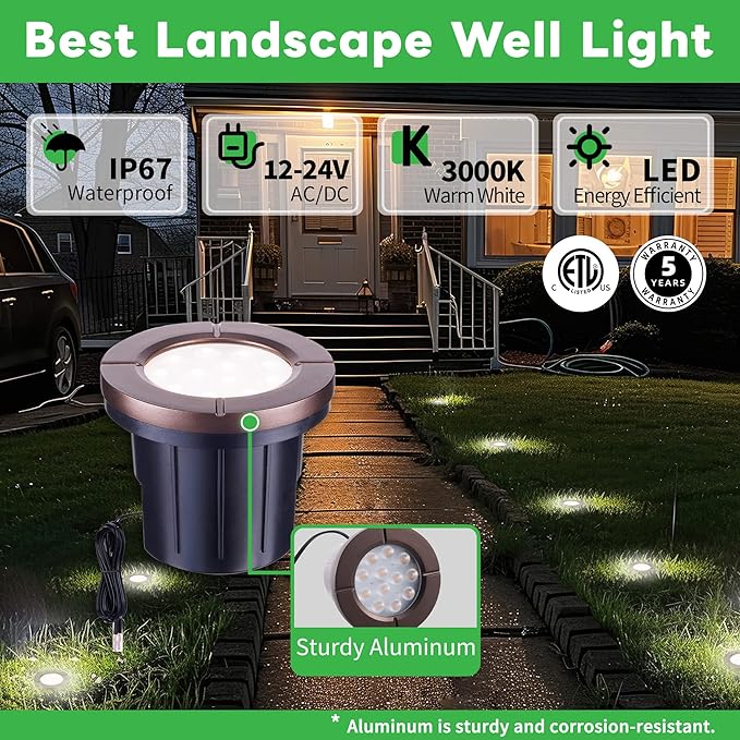 Ground Well Lights Kit, 12 Pack Landscape LED Low Voltage Inground Light and 200W Transformer and 250FT Cable and 40 Wire Connectors, Outdoor Waterproof IP67 Aluminum for Backyard Wall Lawn