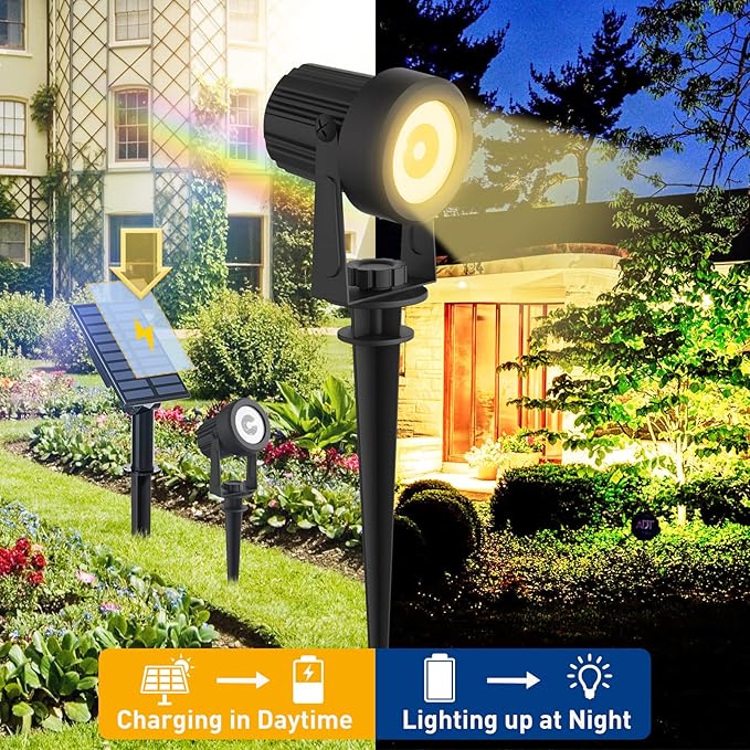 T-SUNUS Christmas Solar Landscape Spotlights 4 Pack Warm White 3000K, Spot Lights IP65 Waterproof Outdoor Separated Panel with 9.8ft Cable, Garden Pond Light for Flag Driveway Walkway Patio Halloween