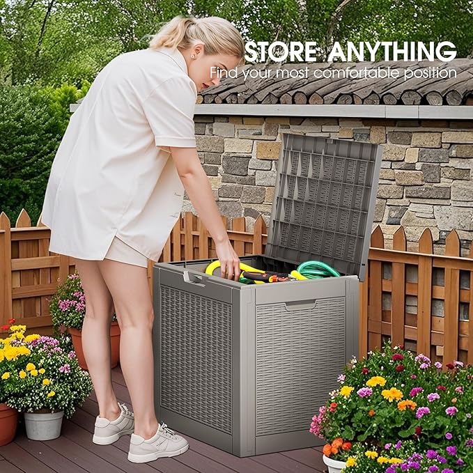 Outdoor Storage Box, Resin Deck Boxes Indoor and outdoor, Waterproof Storage Box Lockable Lid (Grey, 35 Gallon)