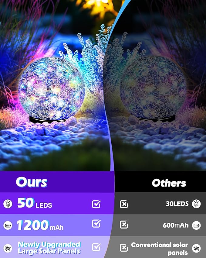 Coroor Garden Solar Ball Lights Outdoor Waterproof, 50 LED Cracked Glass Globe Solar Power Ground Lights for Path Yard Patio Lawn, Outdoor Decoration Landscape Colorful(2 Pack 4.7'')