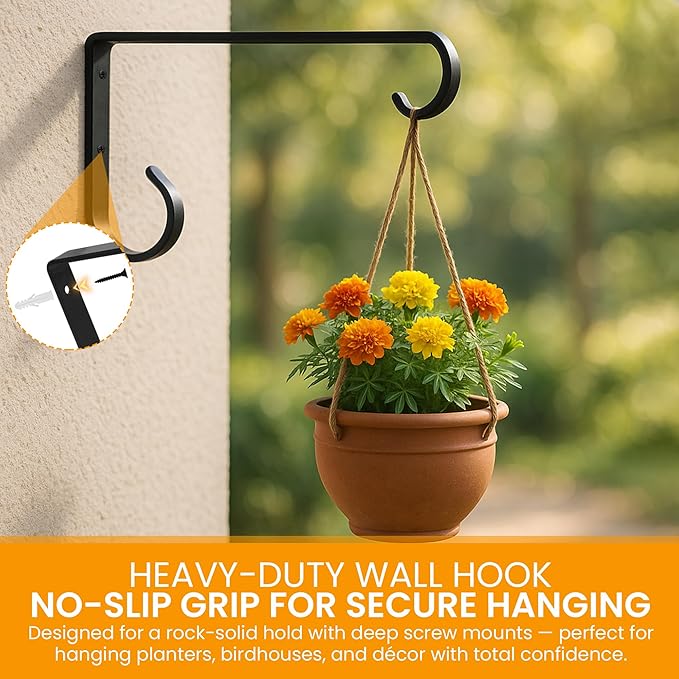 Metal Plant Hangers Outdoor - Wall Mounted Hanging Plant Bracket, 6 Inches, Set of 2, Ideal for Small Plants, Bird Feeders, Wind Chimes (Black)
