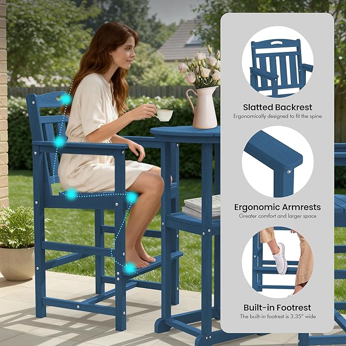 Ciokea 3-Pcs Bistro Table and Chairs, All-Weather Round High Top Bar Table with Storage Shelf and 2 Oversized Adirondack Chairs, Heavy Duty Outdoor Bar Patio Bistro Set for Balcony Deck, Navy Blue