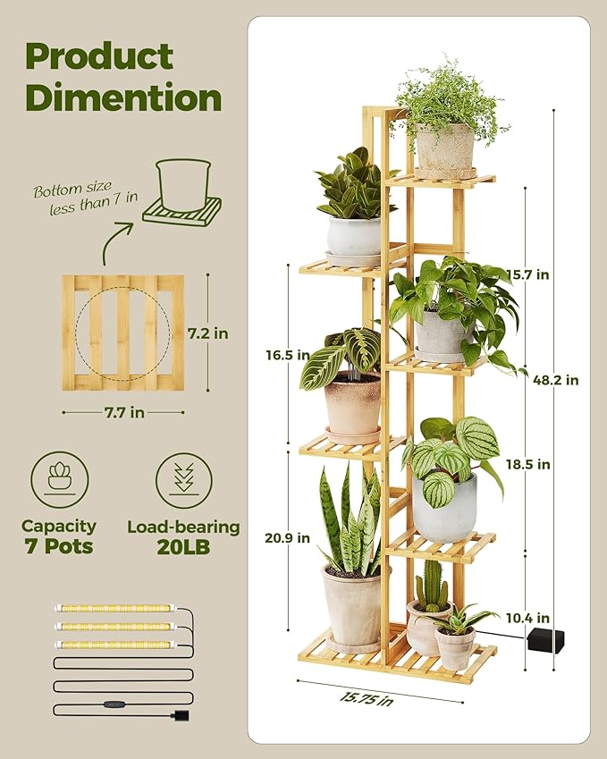 Bamworld Bamboo Plant Stand with Grow Light 6 Tiered Plant Shelf Indoor Outdoor Corner Plant Rack for Multiple Plants Flower Stand Plant Holder for Living Room Bedroom Balcony Patio Garden 48 Inch Natural