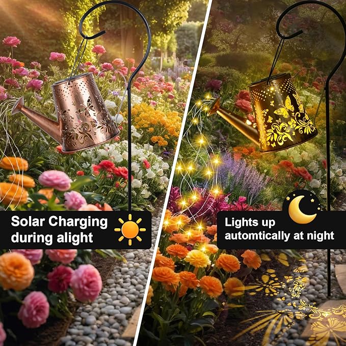 Fohil Solar Watering Can with Lights, Retro Metal Solar Garden Lights Outdoor, Waterproof Hanging Solar Powered Lantern Garden Decorations for Porch Lawn Driveway Backyard Pathway