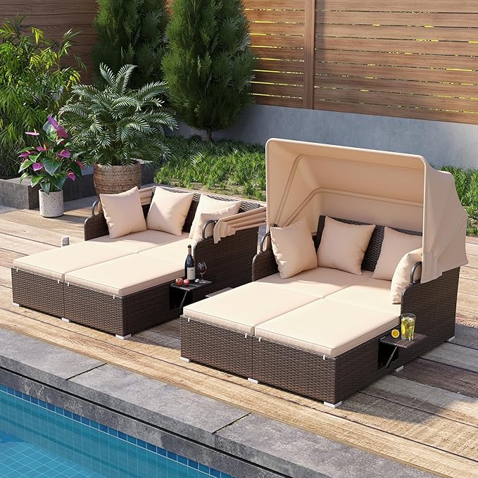 Tangkula Patio Rattan Daybed with Retractable Canopy, Outdoor Wicker Sunbed with 2 Foldable Side Tables, Thick Seat & Back Cushions, Outside Double Daybed for Garden, Backyard, Porch, Beige & Brown