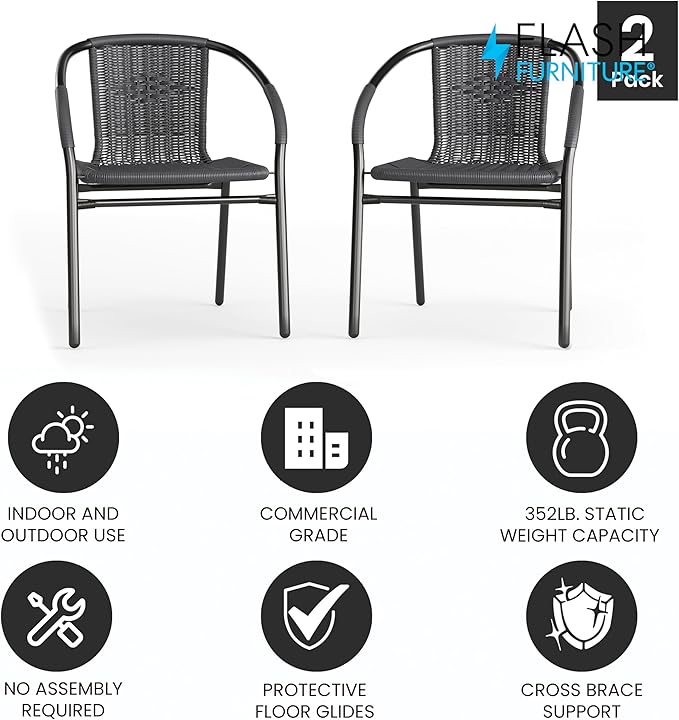 Flash Furniture Lila 2 Pack Gray Rattan Indoor-Outdoor Restaurant Stack Chair