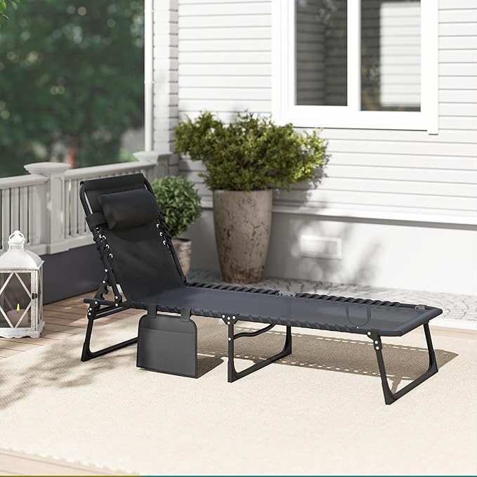 Outsunny Chaise Lounge Chair Outdoor, 5-Position Adjustable Sun Tanning Chair with Carrying Handle and Side Pocket, Folding Bed Cot with Removable Pillow for Garden, Beach, Patio, Pool, Camp, Black