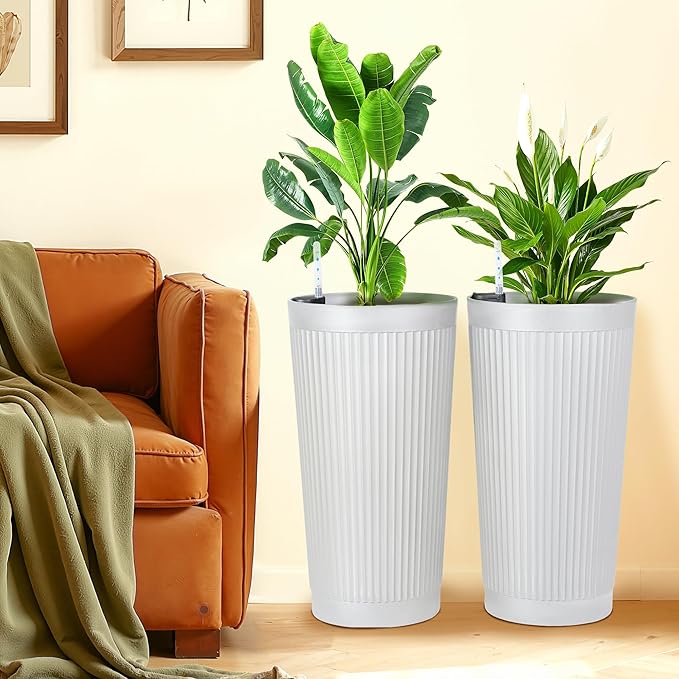 FENCY 2Pack 24IN Self Watering Planter for Indoor Plants, Plastic Large Planter for Outdoor Plants, Water Level Indicator& Spacious Reservoir Flower Planter Decorative(White)