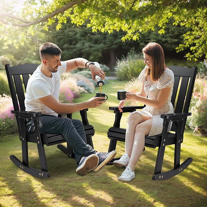 VINGLI Outdoor Rocking Chair Set of 2, Heavy Duty 600 LBS Wooden Rocking Chair with Comfortable Backrest, Weatherproof Rocker with Ergonomic Design, Suit for Patio, Garden, Yard, Black