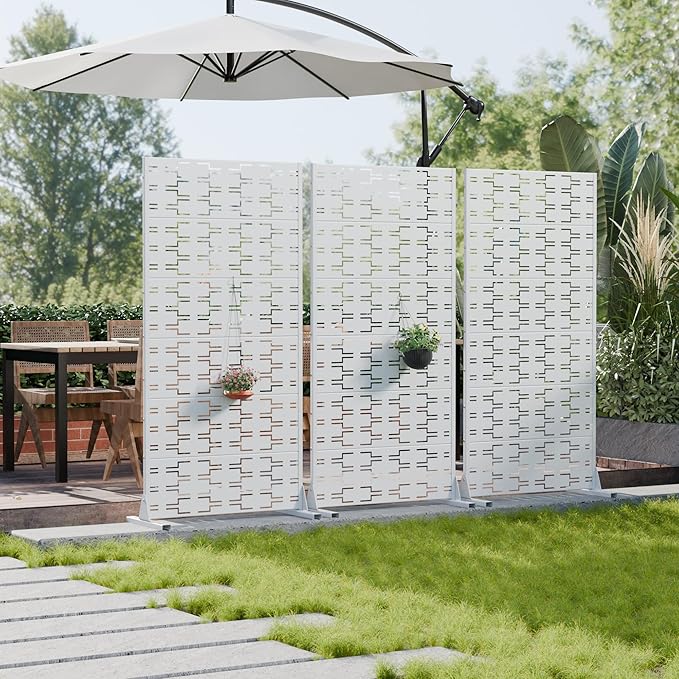 Casaphoria Metal Privacy Screen Outdoor, 72" H x 35" W Freestanding Decorative Privacy Screen for Patio Deck Balcony Garden with Stable Base, White-Brick