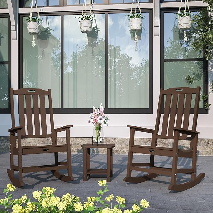 Oversized Rocking Chair Set of 8, Outdoor Rocking Chair for Adults, All Weather Resistant Porch Rocker for Lawn Garden, Brown