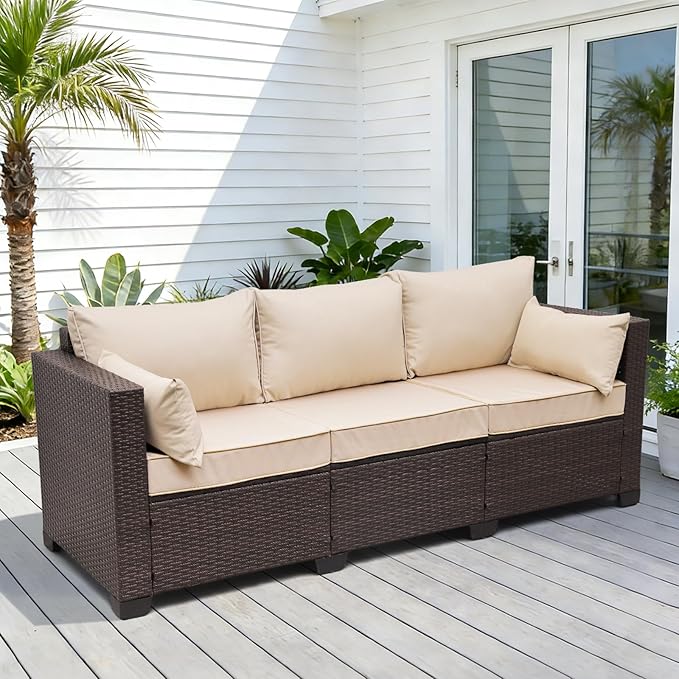WAROOM Patio Couch PE Rattan 3-Seat Outdoor Sofa Brown Wicker Furniture Set Deep Seating with Anti-Slip Beige Cushion