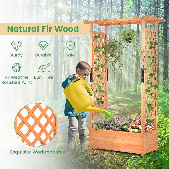 Giantex 2 Pcs Raised Garden Bed with Trellis & Hanging Roof, Wood Planter Box with Bottom & Drainage Holes, Freestanding Garden Planter for Flower Vegetable Fruit Herb Climbing Vines, 43.5"x17.5"x72"