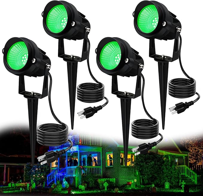 Green Outdoor LED Spot Lights for Yard & Garden – 12W Landscape Lighting, Christmas & Holiday Decor, Adjustable Beam,4Pack
