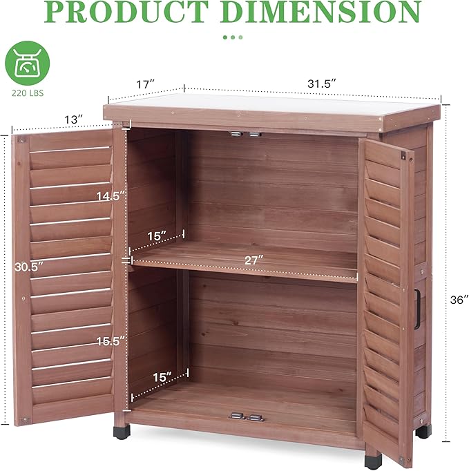 Outdoor Potting Bench with Storage Cabinet and Metal Top, Wood Workstation for Outdoor Patio, Garden (Dark Brown, 31x17x36‘’)
