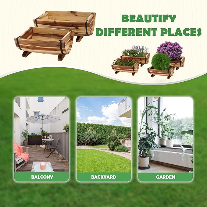 Solid Acacia Wood Half Barrel Planters Outdoor Set of 2 Different Sizes, Wooden Planters for Outdoor Plants with Metal Bands & Drainage Holes, Legs Included, Natural