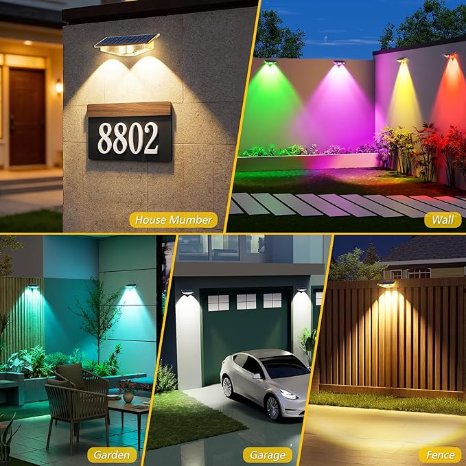 Solar Lights Outdoor for Mailbox, House Numbers, Address, Sign with 6 RGB Colors/Warm White/Cool White, IP65 Waterproof Fence Lights, Solar Powered Dusk to Dawn Wall Light Outside (4 Pack)