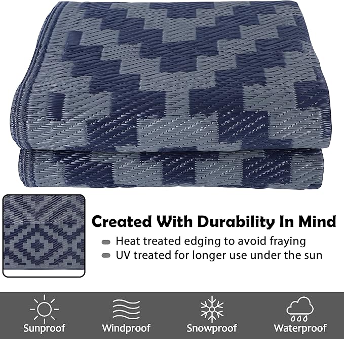 SAND MINE Reversible Mats, Plastic Straw Rug, Modern Area Rug, Large Floor Mat and Rug for Outdoors, RV, Patio, Backyard, Deck, Picnic, Beach, Trailer, Camping (5' x 8', Blue Grey Lattice)