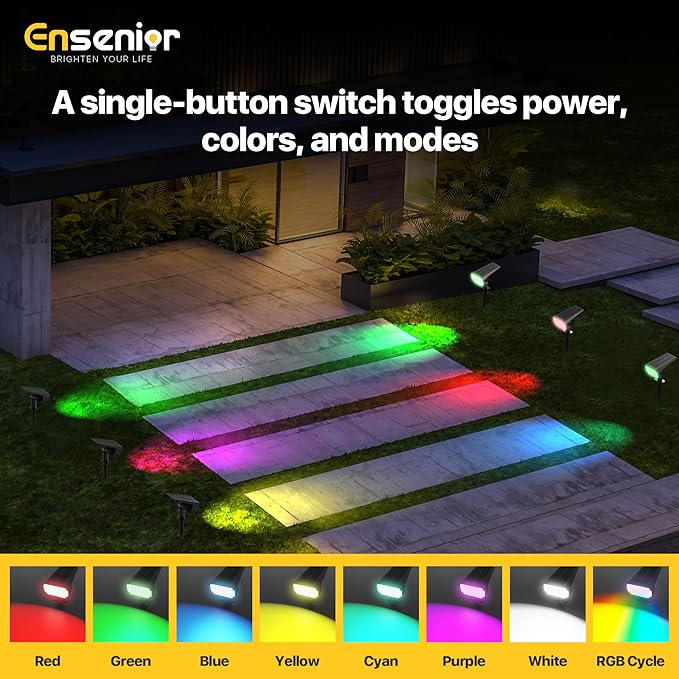 Ensenior Solar Spotlights Outdoor RGB, 7+1 Color Changing Mode Outdoor Landscape Lighting, IP65 Waterproof, Automatic ON/Off Solar Powered Spotlight Halloween Christmas Decorations (10-Pack)