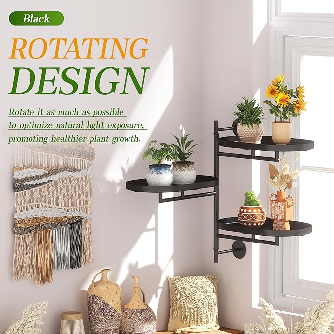 Window Sill Rotating Plant Stand Shelf Indoor Black Metal Floating Shelves 3-Tier Wall Mount Plant Holders for Living Room Wall Planter Modern Home Decor for Gardening