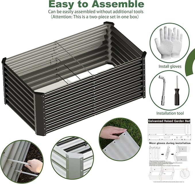 4x2x2ft(2 Pack) Raised Garden Bed Kit, Galvanized Planter Garden Boxes Outdoor, Metal Raised Garden Beds for Vegetables,Fruits, Flower,Black