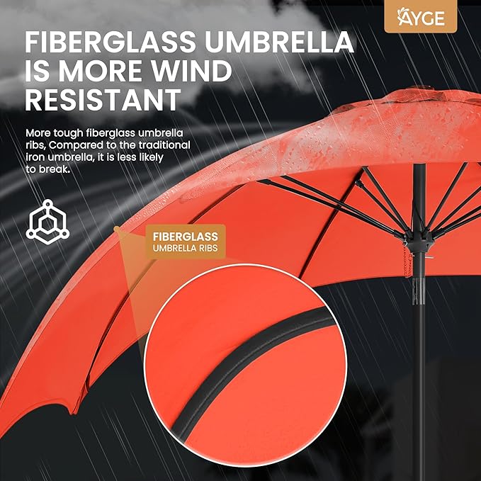 Ayge 9FT Large Outdoor Patio Umbrella Market Table Umbrella-UV Resistant, Easy Push Button Tilt and Crank, 8 Sturdy Fiberglass Ribs Heavy-Duty Pool Umbrella for Deck, Backyard,Garden,Orange