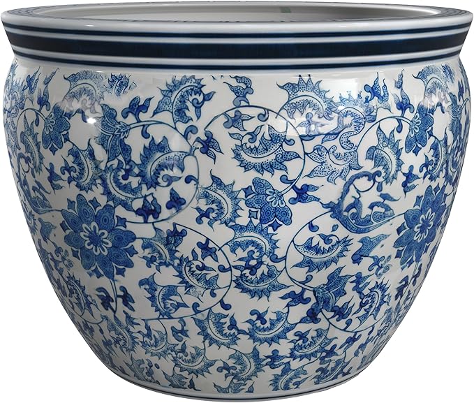 Red Lantern Large 22" Porcelain Fishbowl Blue & White Floral Planter