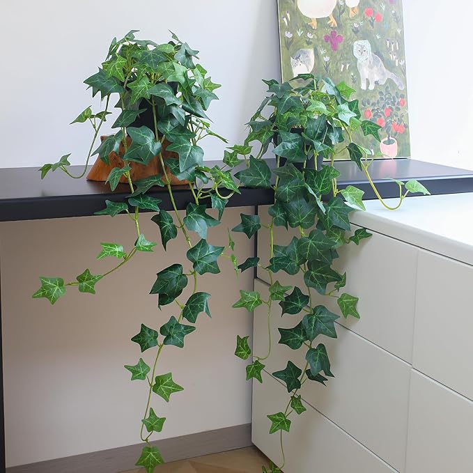Fake English Ivy Plants in Pots Set of 2 – Realistic Artificial Ivy Greenery for Home Decor, Tabletop, Office, Shelf, Balcony or Bathroom – Lifelike Faux Hanging Vines, No Maintenance Required