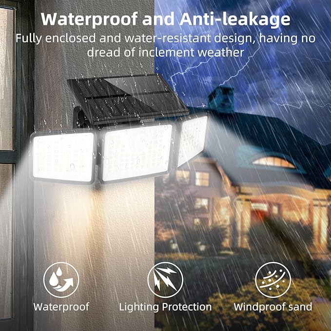 2500LM Solar Lights Outdoor with Motion Sensor,3 Head 270° Wide Angle Street Area Lights,IP65 Waterproof Security Lighting with 3 Modes(Remote,4 Pcs)