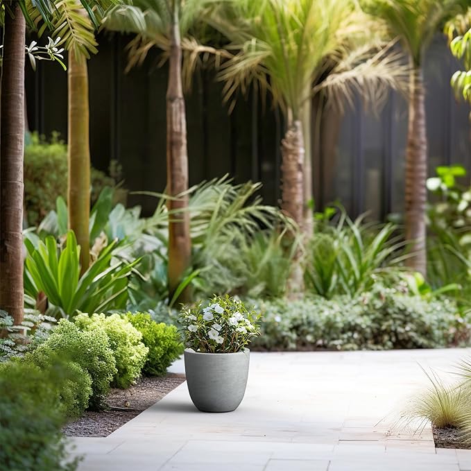 Kante 10 Inch Dia Round Concrete Planter, Indoor Outdoor Large Plant Pot with Drainage Hole and Rubber Plug for Home Patio Garden, Natural Concrete