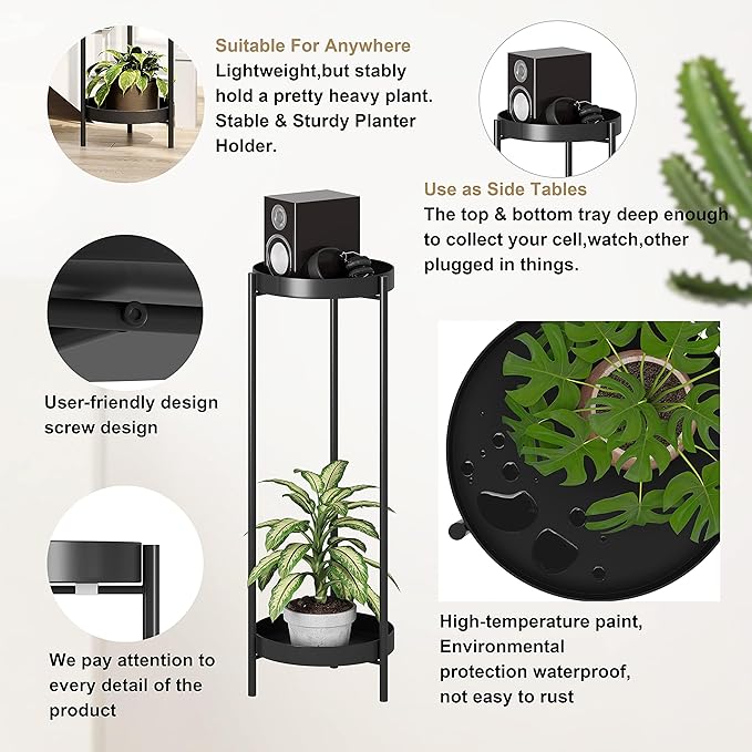Metal Black Tall Plant Stand Indoor or Outdoor - 30 inch 2 Tier Modern Corner Planter Shelf Rack with 2 Removable Display Shelves(10 inch) for Bedroom Living Room Balcony