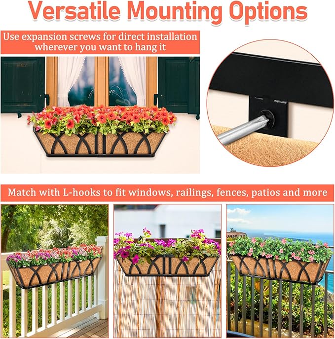 Riare 3 Pack 24 Inch Metal Railing Planter Window Box with Coco Liner- Adjustable Window Flower Boxes for Railings, Hanging Rail Planters for Deck, Balcony, Porch, Fence, Indoor Outdoor Plants