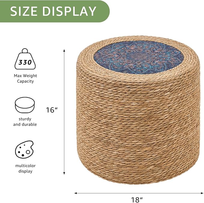 Wimarsbon Round Pouf Ottomans, Handwoven Natural Water Hyacinth Seagrass Pouffe,Outdoor Rattan Stool Accent Seat, Bohemian Coastal Home Decor (18inch Natural Cattail-Boho 3)