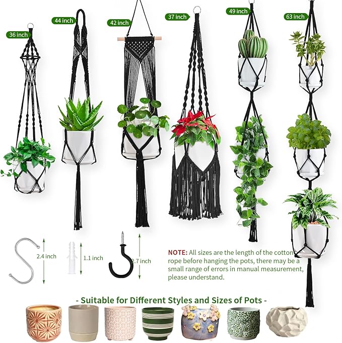 Macrame Plant Hangers, 6Pack Hanging Plant Holders Indoor w/ 6 Set Hooks Handmade Cotton Rope Plant Hangers Set Flower Pots Holder Stand Boho Home Decor Hanging Planters for Indoor Outdoor Plants