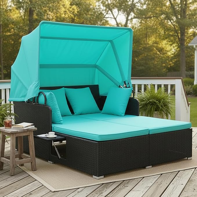 Tangkula Patio Rattan Daybed with Retractable Canopy, Patiojoy Wicker Sun Lounger with 2 Foldable Side Panels, Thick Seat & Back Cushions, for Garden, Backyard, Porch (Turquoise)