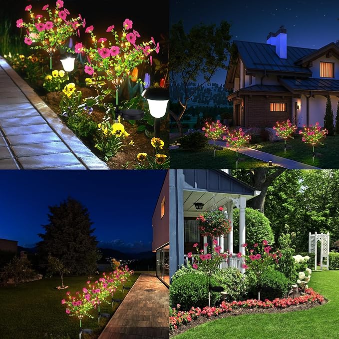 2 Pack Solar Stake Lights Outdoor Decor Waterproof Mums Artificial Flowers Solar Lights for Outdoor Garden Yard Pathway Decor (Rose Red,Violet)