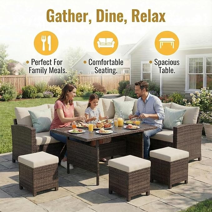 Wisteria Lane Patio Furniture Set, 7 Piece Outdoor Dining Sectional Sofa with Dining Table and Chair, All Weather Wicker Conversation Set with Ottoman, Ivory