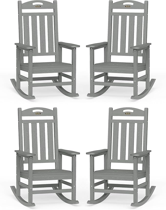 Oversized Outdoor Rocking Chair Set of 4, High Back Porch Rocker Chair, HDPE Rocking Chairs for Patio, Living Room, Light Grey