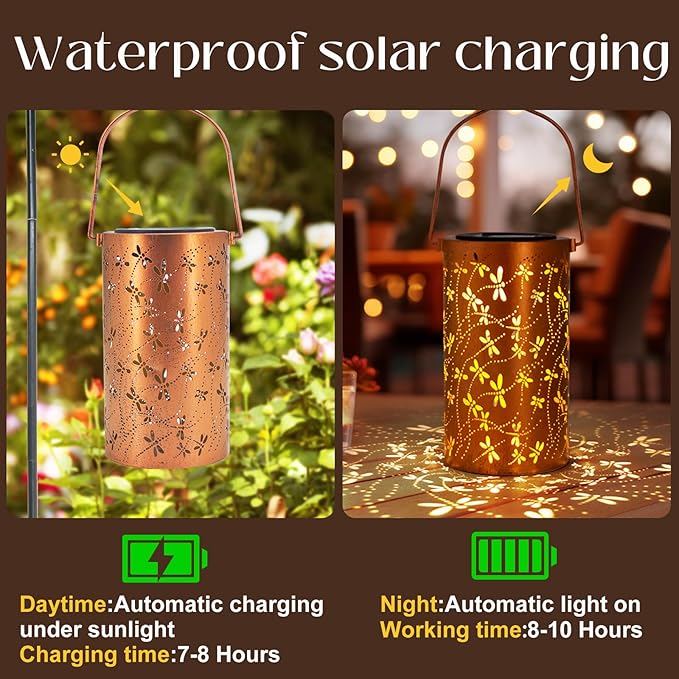 Birthday Gifts for Women Mom Grandma Ladies Solar Lanterns Outdoor Hanging Dragonfly Hollowed-Out Metal Waterproof LED Garden Decor Outside for Patio Yard Porch