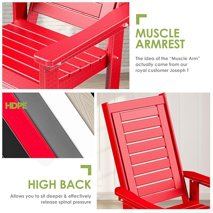 GREENVINES Outdoor Rocking Chairs | Porch Rocker | HDPE Plastic | Red | Oversized Rockers | High Back | Big & Tall | Ladder Back | for Patio Outside Backyard Balcony Garden
