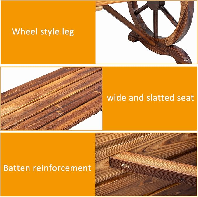 VINGLI Rustic Wooden Wheel Bench Outdoor Bench, Patio Bench Wagon Slatted Seat, Garden Benches for Outdoors 350lbs High Capacity, Weather Resistance (Rustic, 38in)