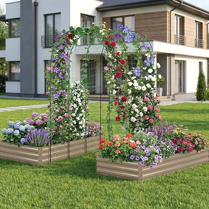 DTIG Galvanized Raised Garden Bed with Trellis, 6×3×1 FT 2 Pack Outdoor Garden Bed, Upgraded 4×3 Support, Brown