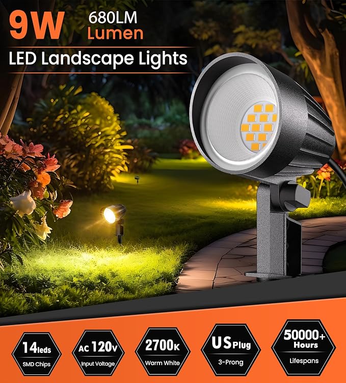 MEIKEE 9W LED Landscape Lights, 120V Landscape Lighting with US 3-Prong Plug, Warm White IP66 Waterproof Outdoor Garden Spotlights for Path Yard Walkway (2 Pack)
