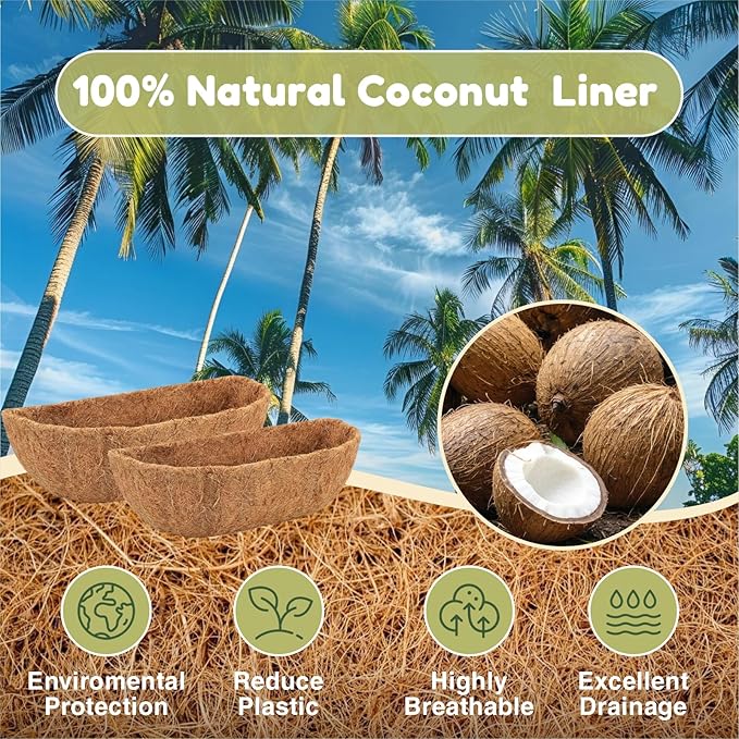 4 Pcs 24 Inch Trough Coco Liner for Window Box, 100% Natural Half Moon Coconut Coir Planter, Replaceable Coconut Fiber Liner for Window Boxes & Fence Flower Baskets (4, 24 inch)