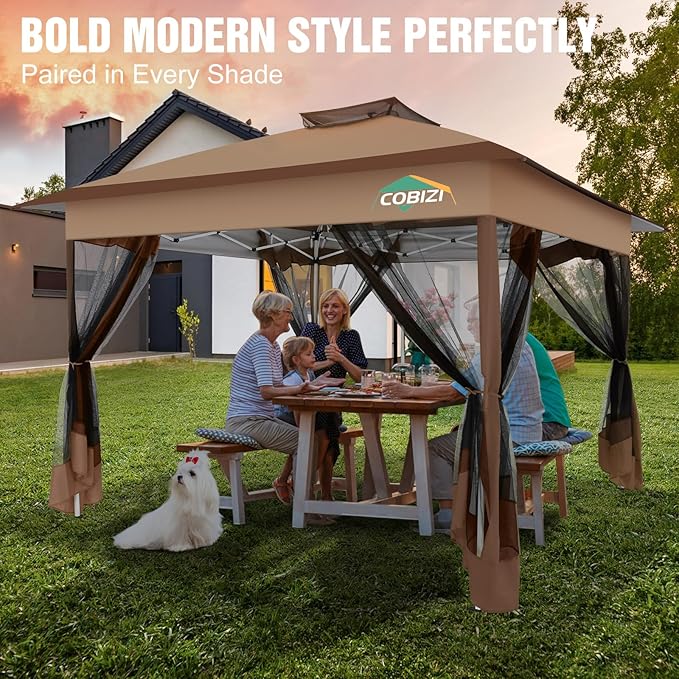 COBIZI 13x13 Pop Up Gazebos On Clearance Canopy Tent- Upgrade Metal Outdoor Canopy Waterproof - Portable Gazebo with Mosquito Nettings, 4 Ropes 8 Stakes and Carry Bag for Patio Garden(Brown)