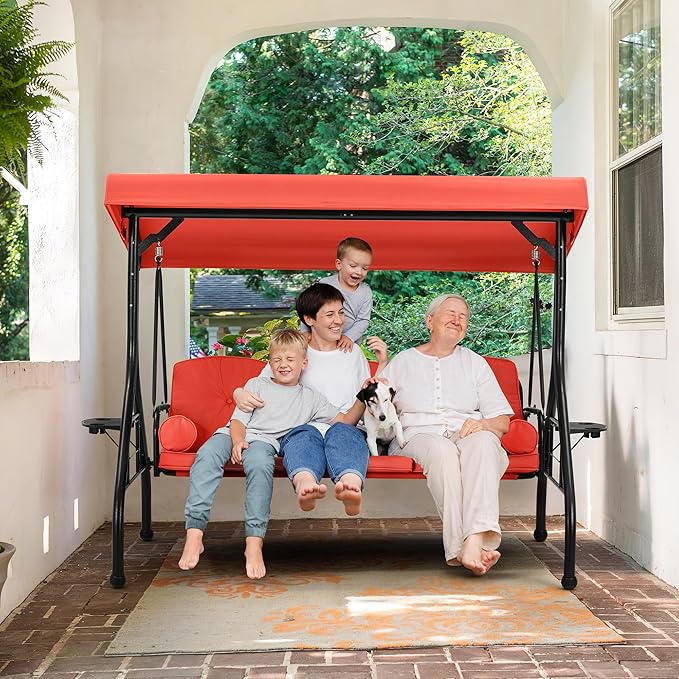 HOMREST 3 Seat Outdoor Porch Swing with Adjustable Canopy, Convertible Patio Swing Bed with Stand, Patio Glider Swing with Upgraded Cup Holder, Thicken Cushions ＆ Pillow for Backyard(Orange)