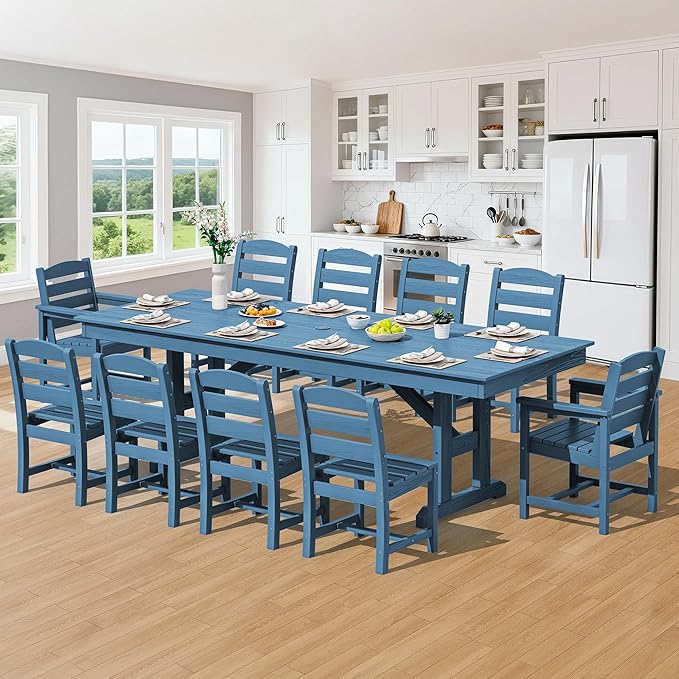 SERWALL 11 Piece Outdoor Dining Set, 84" HDPE Outdoor Table and Chairs for 10，All Weather Patio Furniture Set with Umbrella Hole for Backyard, Garden, Blue