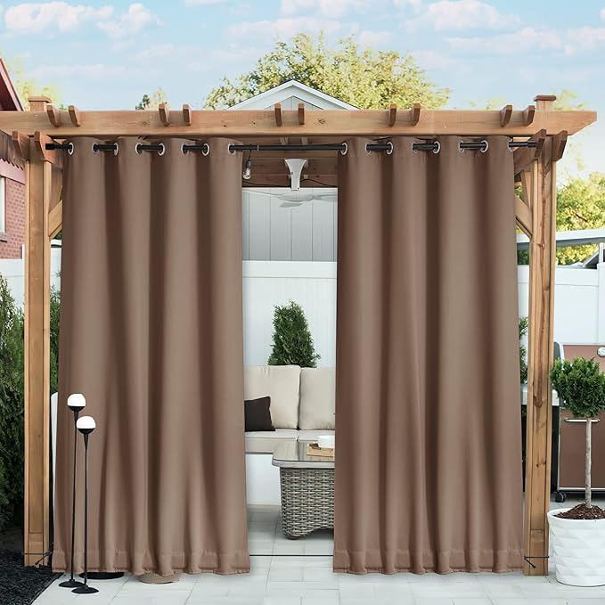 NICETOWN 2 Panels Weighted Blackout Curtains Patio Waterproof Outdoor Curtains, Thermal Insulated Top & Bottom Grommet & Back Tab Wind-Break Drapes Privacy for Pergola, W52 by L120, Tan