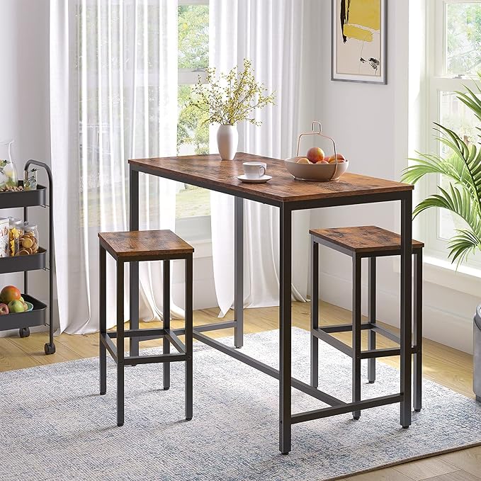 HOOBRO Bar Table and Chairs Set, 47.2” Rectangular Pub Table with 2 Stools for Small Space, High Top Table, 3-Piece Breakfast stools Set, Sturdy Metal Frame, Easy to Assemble, Rustic Brown BF52BT01